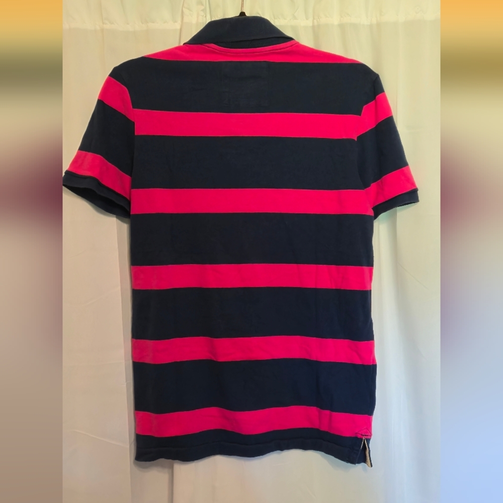 Men's Pink And Navy Striped Slim Fit Hollister Polo Medium - Picture 2 of 5